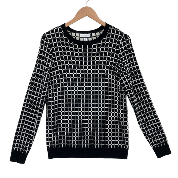 Charter Club Sweater Womens Small Black Check Long Sleeve Crew Neck Pullover - Picture 1 of 14